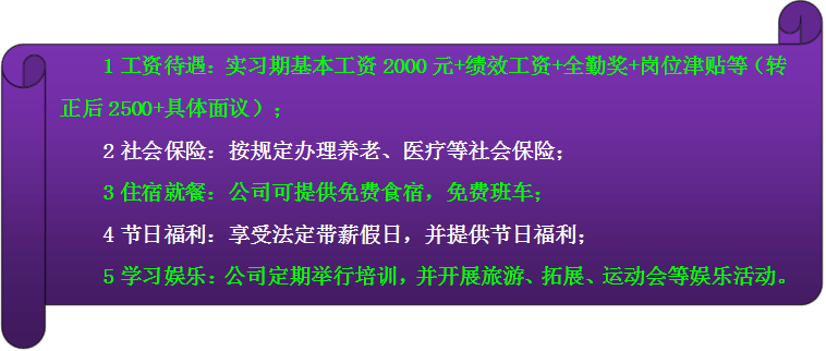 1工资待遇：实习期基本工资2000元+绩效工资+全勤奖+岗位津贴等（转正后2500+具体面议）；2社会保险：按规定办理养老、医疗等社会保险；3住宿就餐：公司可提供免费食宿，免费班车；4节日福利：享受法定带薪假日，并提供节日福利；5学习娱乐：公司定期举行培训，并开展旅游、拓展、运动会等娱乐活动。