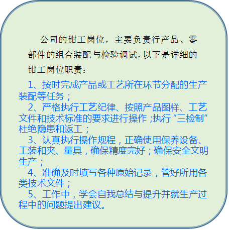 公司的钳工岗位，主要负责行产品、零部件的组合装配与检验调试，以下是详细的钳工岗位职责：1、按时完成产品或工艺所在环节分配的生产装配等任务；2、严格执行工艺纪律、按照产品图样、工艺文件和技术标准的要求进行操作；执行“三检制”杜绝隐患和返工；3、认真执行操作规程，正确使用保养设备、工装和夹、量具，确保精度完好；确保安全文明生产；4、准确及时填写各种原始记录，管好所用各类技术文件；5、工作中，学会自我总结与提升并就生产过程中的问题提出建议。